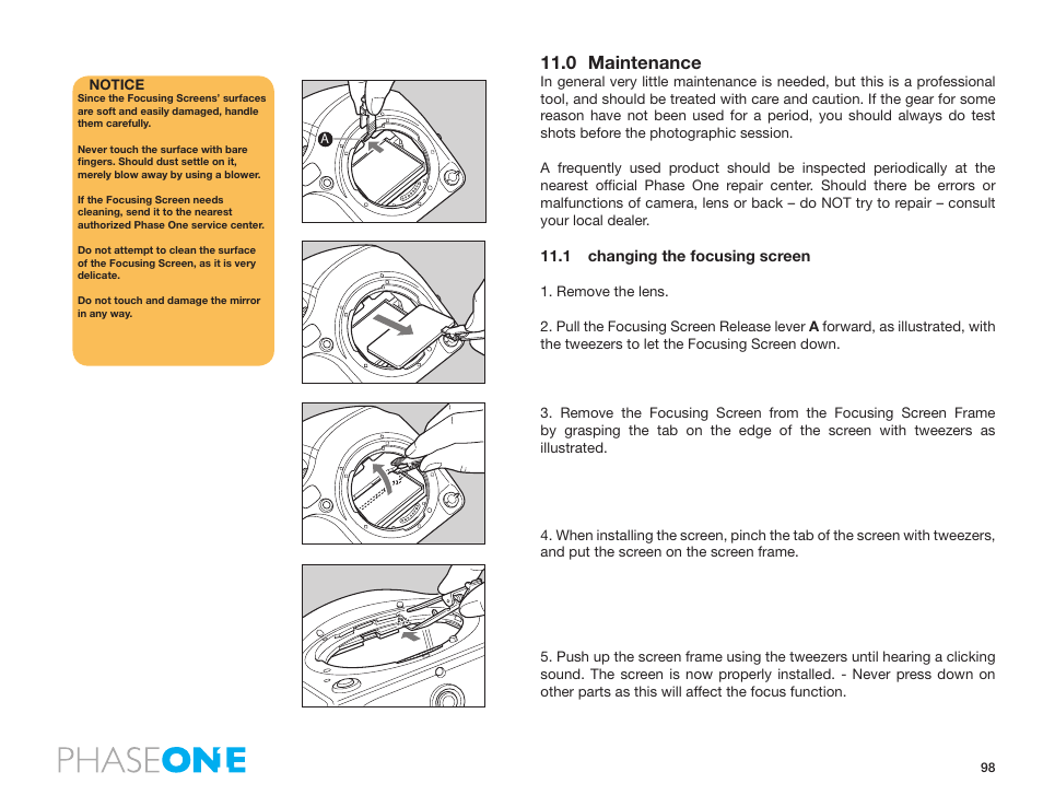 0 maintenance, 1 changing the focusing screen | Phase One 645 AF User Manual | Page 98 / 106