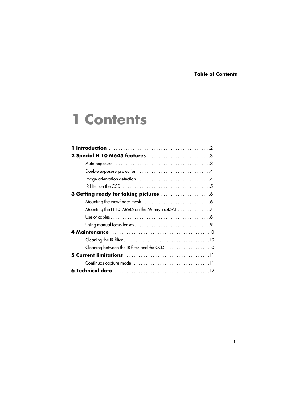 1 contents | Phase One H 10 M645 User Manual | Page 3 / 15