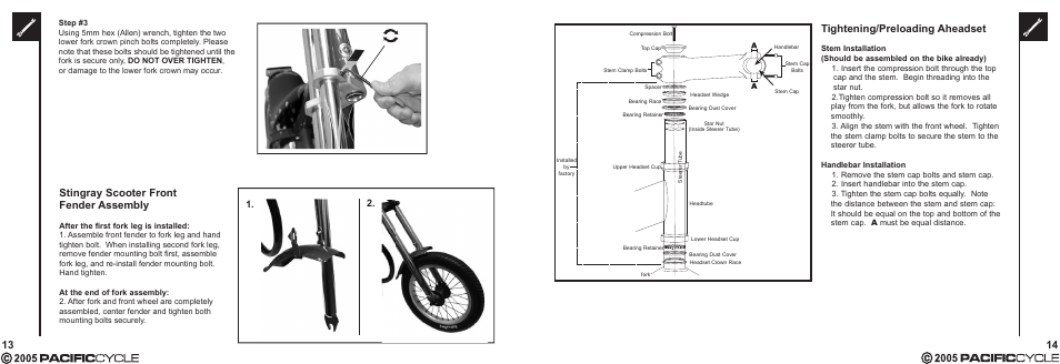14 13 tightening/preloading aheadset, Stingray scooter front fender assembly | Pacific Cycle CUCINA HR7633 User Manual | Page 11 / 31