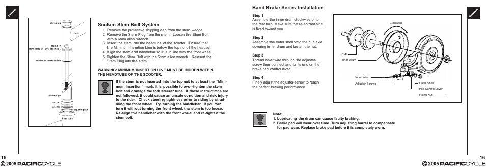 16 band brake series installation, Sunken stem bolt system | Pacific Cycle CUCINA HR7633 User Manual | Page 12 / 31