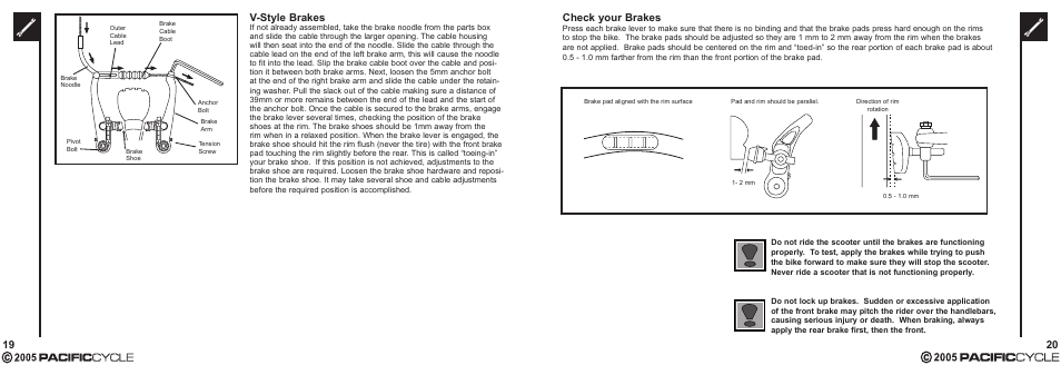 20 check your brakes, 19 v-style brakes | Pacific Cycle CUCINA HR7633 User Manual | Page 14 / 31