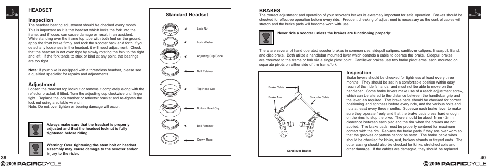 40 brakes, Inspection, 39 headset inspection | Adjustment, Standard headset | Pacific Cycle CUCINA HR7633 User Manual | Page 24 / 31