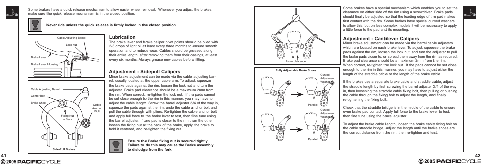 Adjustment - cantilever calipers, Lubrication, Adjustment - sidepull calipers | Pacific Cycle CUCINA HR7633 User Manual | Page 25 / 31