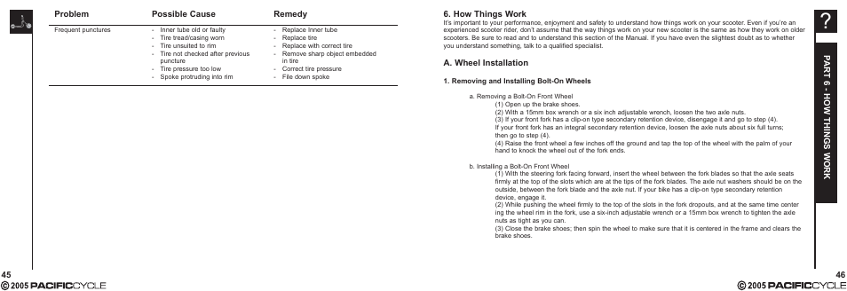 46 6. how things work, A. wheel installation, Part 6 - how things work | 45 remedy, Problem, Possible cause | Pacific Cycle CUCINA HR7633 User Manual | Page 27 / 31