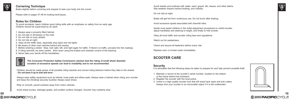 Scooter care, Security, Cornering technique | Rules for children | Pacific Cycle CUCINA HR7633 User Manual | Page 9 / 31