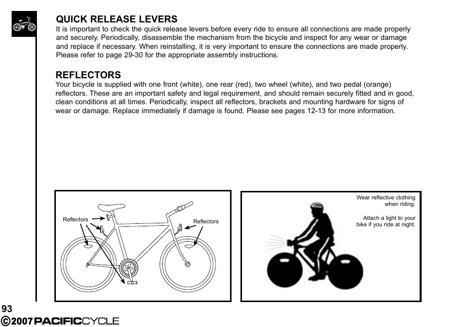 93 quick release levers, Reflectors | Pacific Cycle BRIGHT LIGHT ENERGY HF3305 User Manual | Page 100 / 119