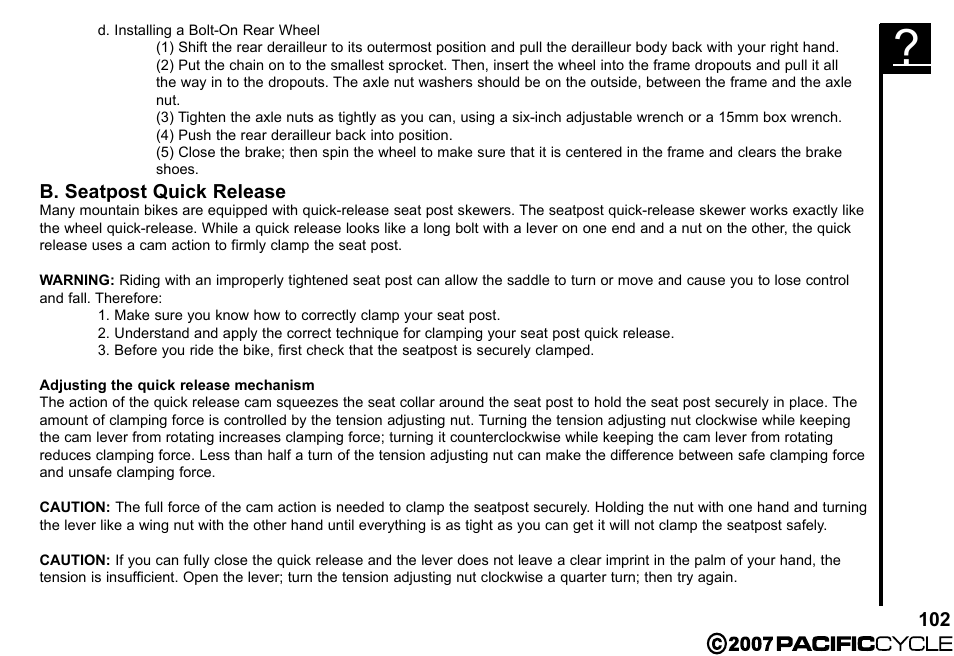 B. seatpost quick release | Pacific Cycle BRIGHT LIGHT ENERGY HF3305 User Manual | Page 109 / 119