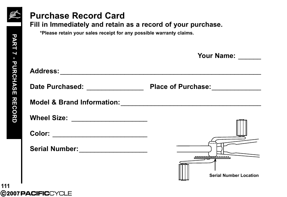 Purchase record card | Pacific Cycle BRIGHT LIGHT ENERGY HF3305 User Manual | Page 118 / 119