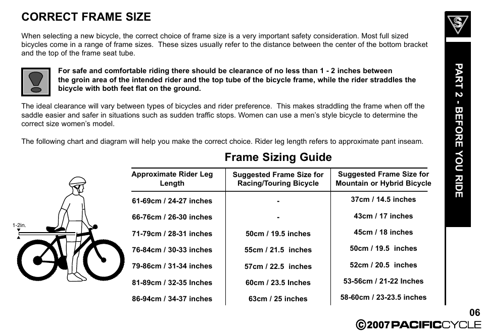 Correct frame size, Frame sizing guide, Part 2 - before you ride | Pacific Cycle BRIGHT LIGHT ENERGY HF3305 User Manual | Page 13 / 119