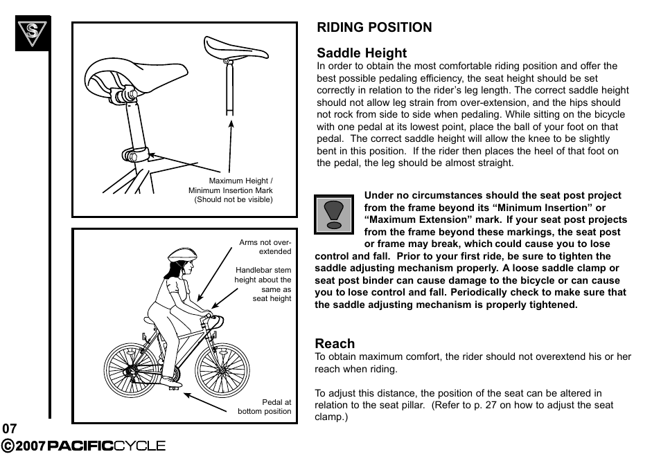 07 riding position saddle height, Reach | Pacific Cycle BRIGHT LIGHT ENERGY HF3305 User Manual | Page 14 / 119