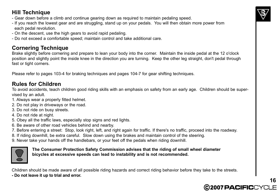 16 hill technique, Cornering technique, Rules for children | Pacific Cycle BRIGHT LIGHT ENERGY HF3305 User Manual | Page 23 / 119