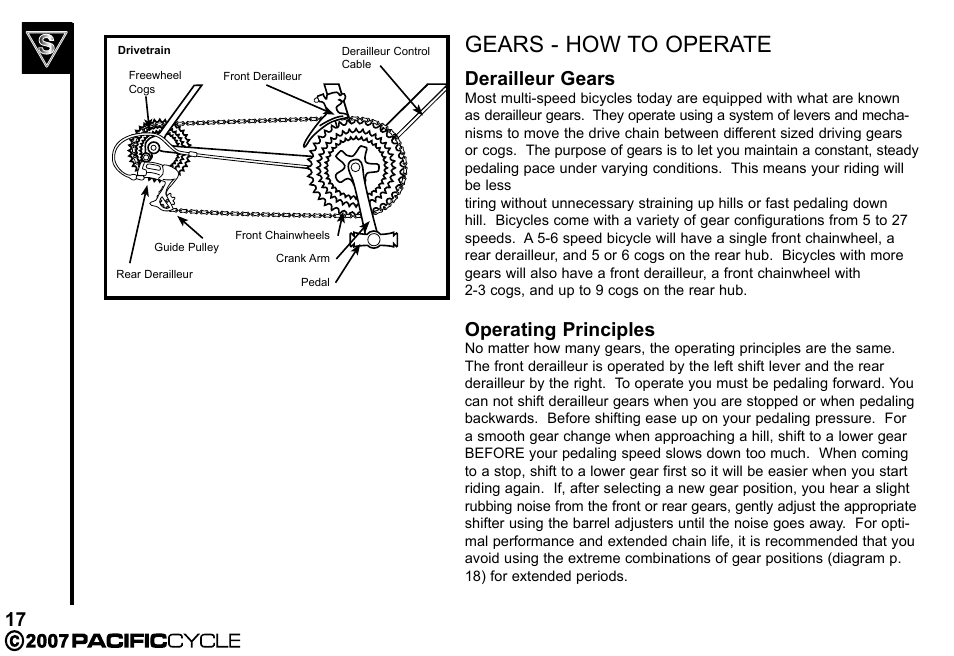 Gears - how to operate, Derailleur gears, Operating principles | Pacific Cycle BRIGHT LIGHT ENERGY HF3305 User Manual | Page 24 / 119