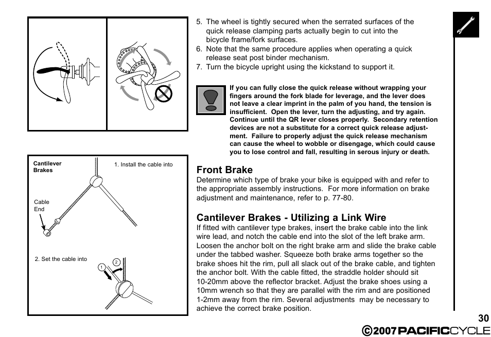 30 front brake, Cantilever brakes - utilizing a link wire | Pacific Cycle BRIGHT LIGHT ENERGY HF3305 User Manual | Page 37 / 119