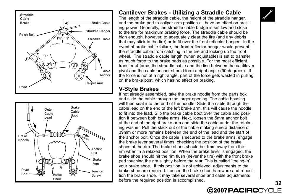 32 cantilever brakes - utilizing a straddle cable, V-style brakes | Pacific Cycle BRIGHT LIGHT ENERGY HF3305 User Manual | Page 39 / 119