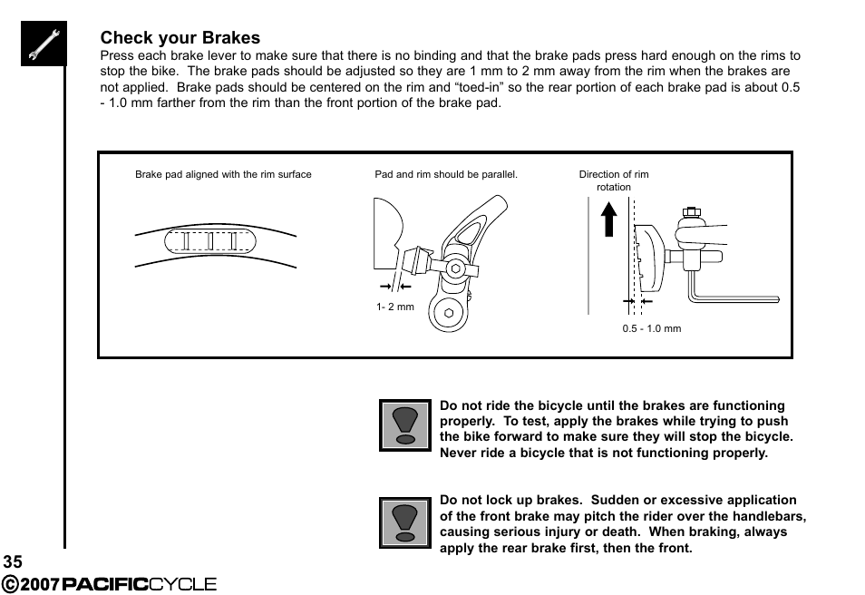 35 check your brakes | Pacific Cycle BRIGHT LIGHT ENERGY HF3305 User Manual | Page 42 / 119