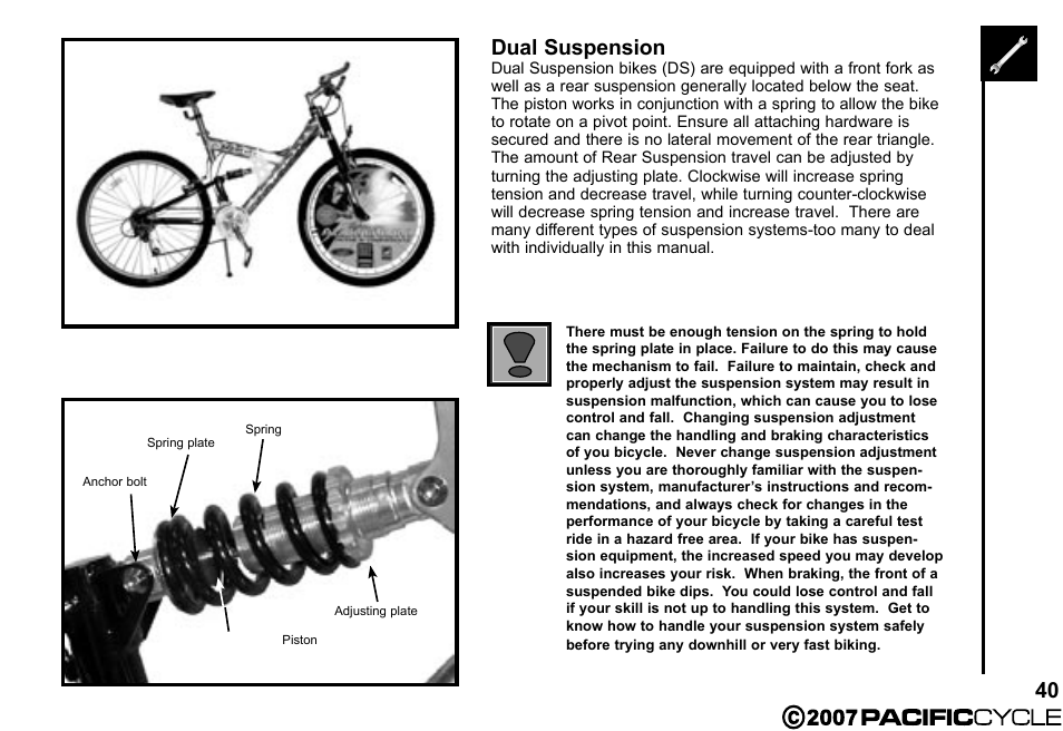 40 dual suspension | Pacific Cycle BRIGHT LIGHT ENERGY HF3305 User Manual | Page 47 / 119