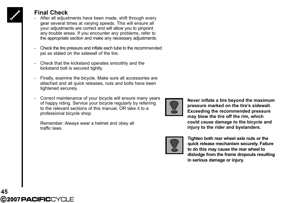 45 final check | Pacific Cycle BRIGHT LIGHT ENERGY HF3305 User Manual | Page 52 / 119