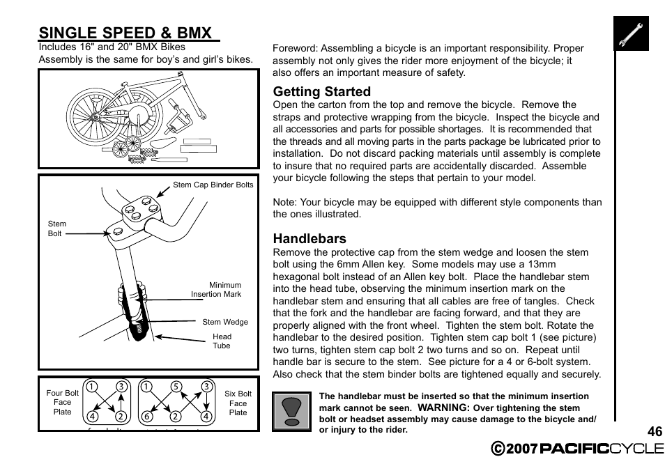 Single speed & bmx, Getting started, Handlebars | Pacific Cycle BRIGHT LIGHT ENERGY HF3305 User Manual | Page 53 / 119