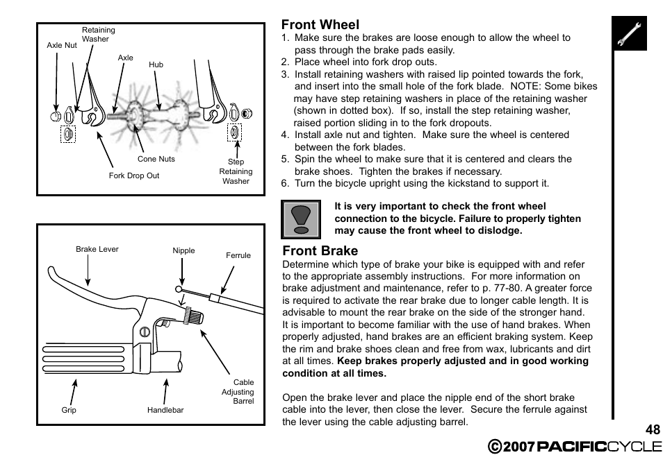 48 front wheel, Front brake | Pacific Cycle BRIGHT LIGHT ENERGY HF3305 User Manual | Page 55 / 119