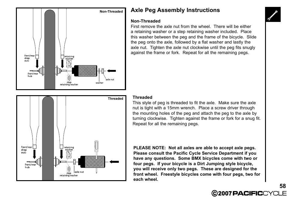 58 axle peg assembly instructions | Pacific Cycle BRIGHT LIGHT ENERGY HF3305 User Manual | Page 65 / 119