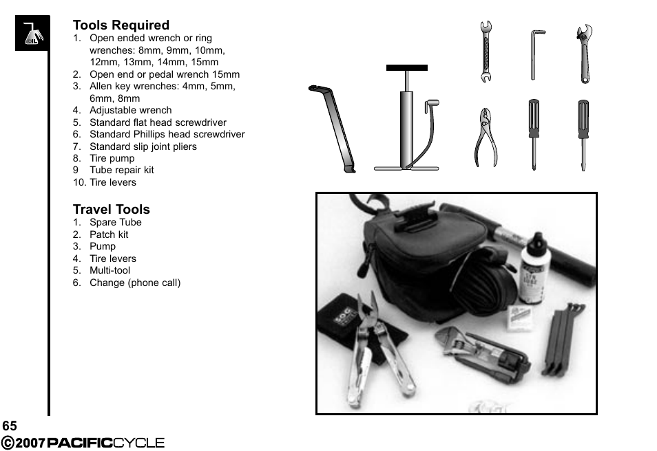 65 tools required, Travel tools | Pacific Cycle BRIGHT LIGHT ENERGY HF3305 User Manual | Page 72 / 119