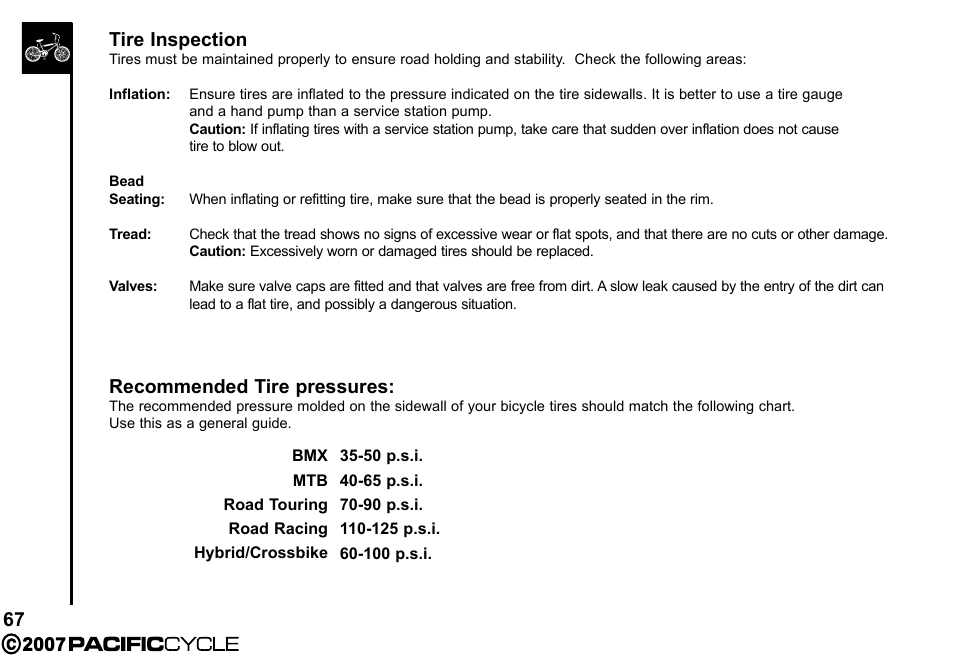 67 tire inspection, Recommended tire pressures | Pacific Cycle BRIGHT LIGHT ENERGY HF3305 User Manual | Page 74 / 119