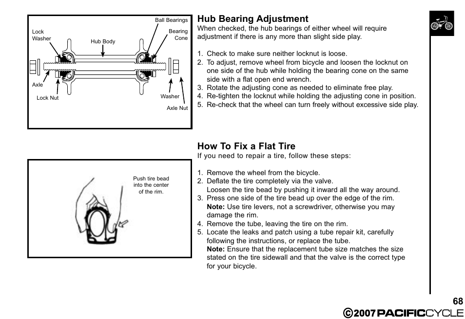 68 hub bearing adjustment, How to fix a flat tire | Pacific Cycle BRIGHT LIGHT ENERGY HF3305 User Manual | Page 75 / 119