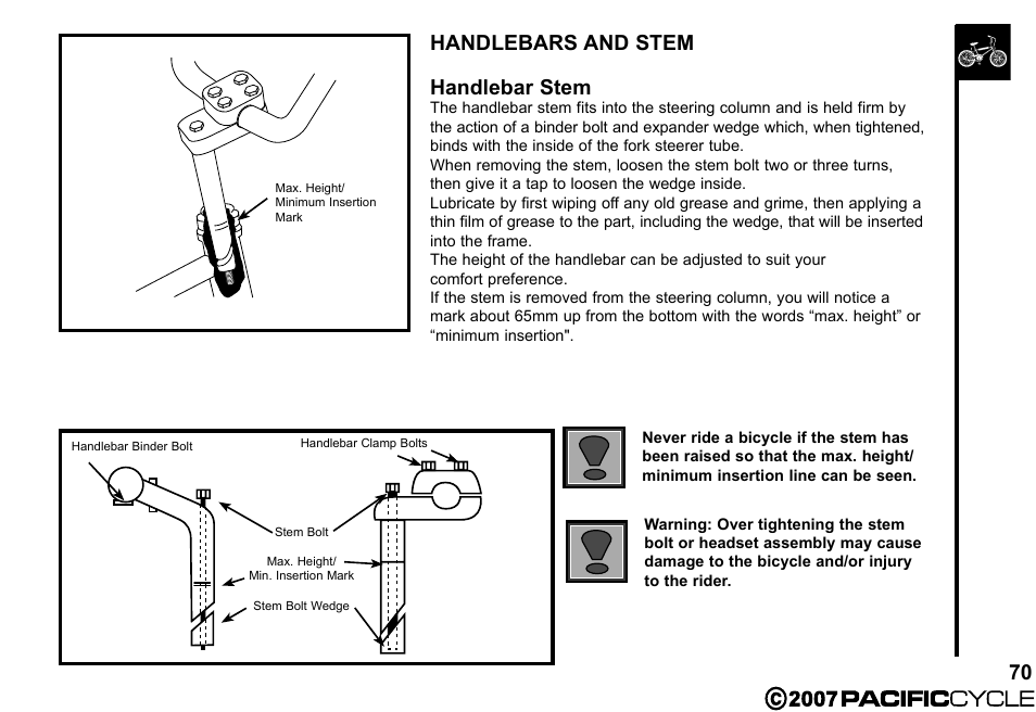 70 handlebars and stem handlebar stem | Pacific Cycle BRIGHT LIGHT ENERGY HF3305 User Manual | Page 77 / 119