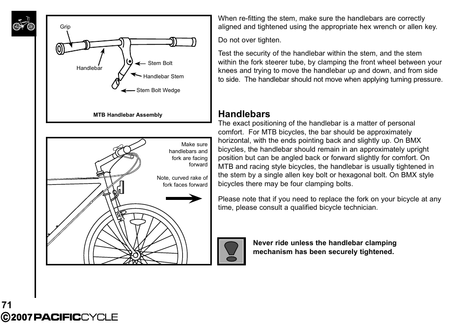 Handlebars | Pacific Cycle BRIGHT LIGHT ENERGY HF3305 User Manual | Page 78 / 119