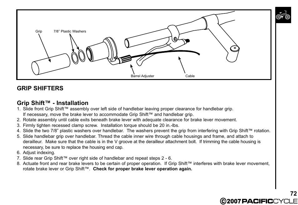 72 grip shifters grip shift™ - installation | Pacific Cycle BRIGHT LIGHT ENERGY HF3305 User Manual | Page 79 / 119