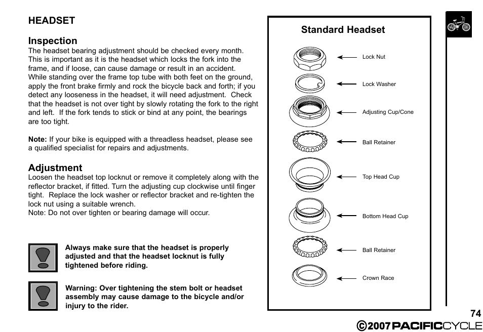 74 headset inspection, Adjustment, Standard headset | Pacific Cycle BRIGHT LIGHT ENERGY HF3305 User Manual | Page 81 / 119