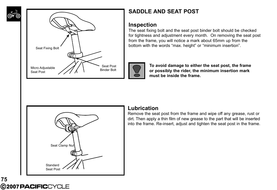75 saddle and seat post inspection, Lubrication | Pacific Cycle BRIGHT LIGHT ENERGY HF3305 User Manual | Page 82 / 119