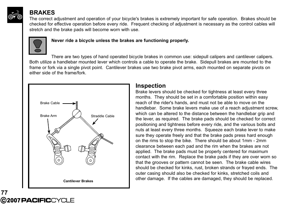 77 brakes, Inspection | Pacific Cycle BRIGHT LIGHT ENERGY HF3305 User Manual | Page 84 / 119