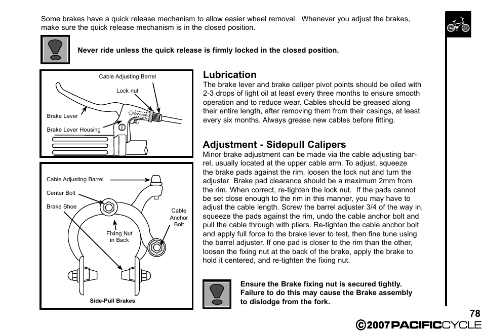 Lubrication, Adjustment - sidepull calipers | Pacific Cycle BRIGHT LIGHT ENERGY HF3305 User Manual | Page 85 / 119