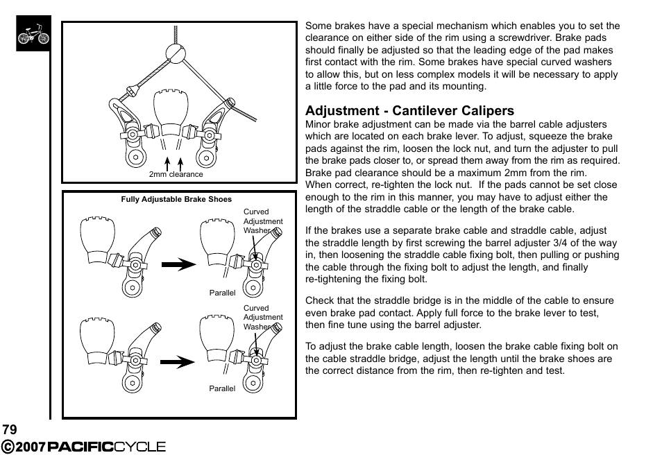 Adjustment - cantilever calipers | Pacific Cycle BRIGHT LIGHT ENERGY HF3305 User Manual | Page 86 / 119