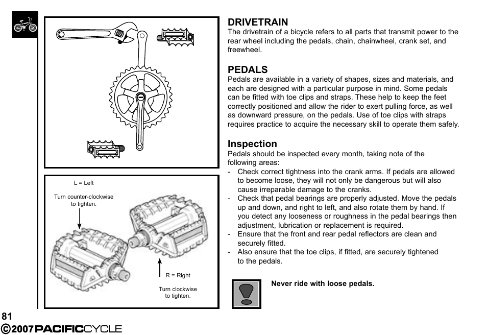 81 drivetrain, Pedals, Inspection | Pacific Cycle BRIGHT LIGHT ENERGY HF3305 User Manual | Page 88 / 119