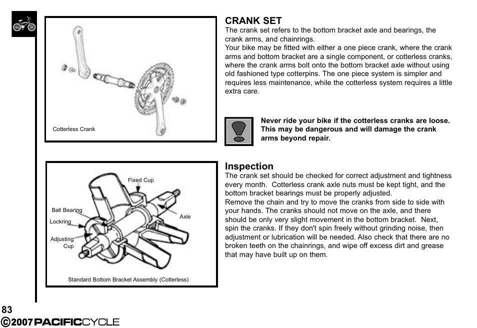 83 crank set, Inspection | Pacific Cycle BRIGHT LIGHT ENERGY HF3305 User Manual | Page 90 / 119