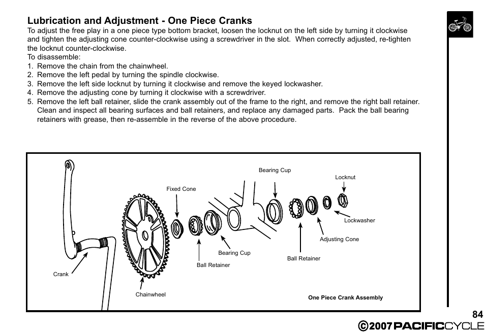 84 lubrication and adjustment - one piece cranks | Pacific Cycle BRIGHT LIGHT ENERGY HF3305 User Manual | Page 91 / 119