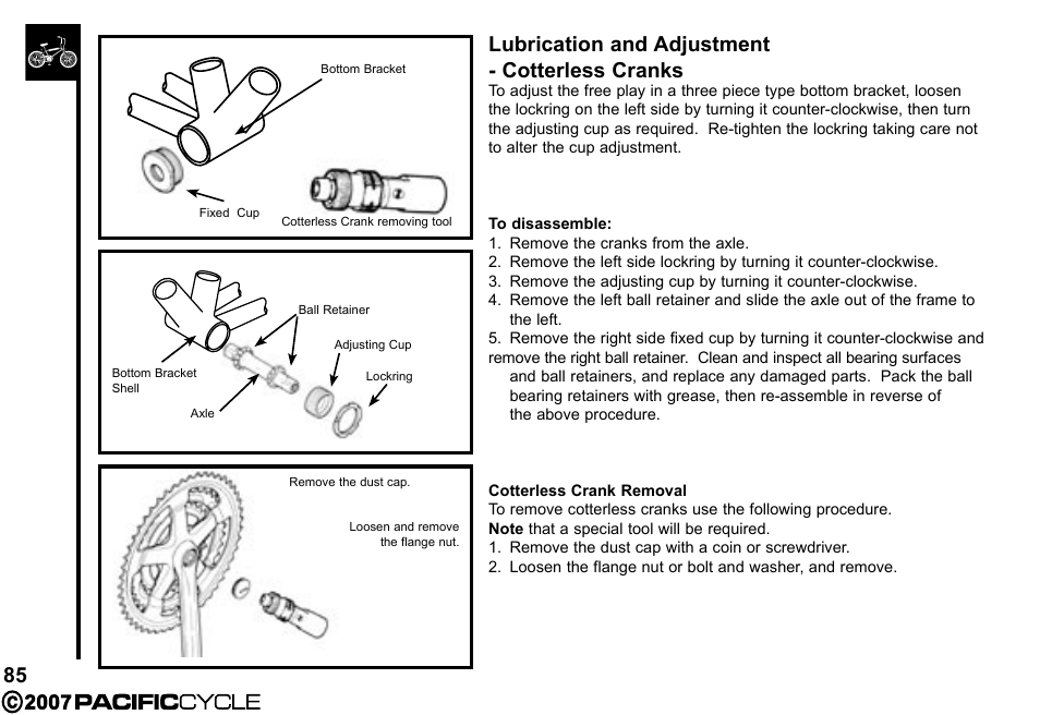 85 lubrication and adjustment - cotterless cranks | Pacific Cycle BRIGHT LIGHT ENERGY HF3305 User Manual | Page 92 / 119