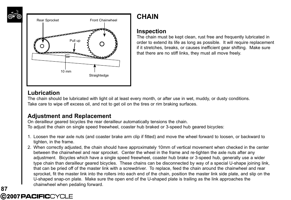 Chain, Inspection, Lubrication | Adjustment and replacement | Pacific Cycle BRIGHT LIGHT ENERGY HF3305 User Manual | Page 94 / 119