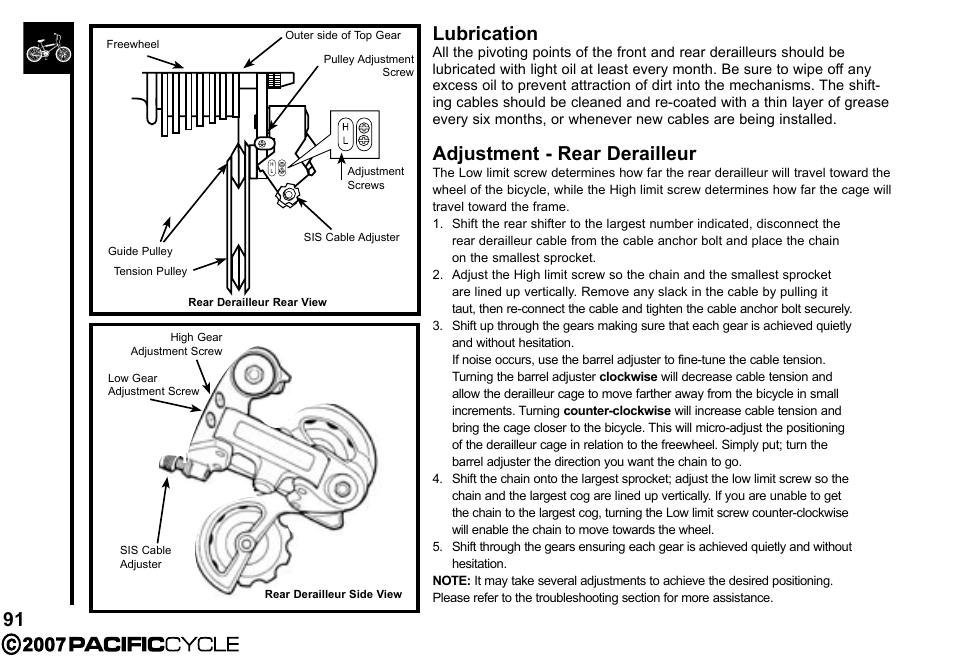 91 lubrication, Adjustment - rear derailleur | Pacific Cycle BRIGHT LIGHT ENERGY HF3305 User Manual | Page 98 / 119