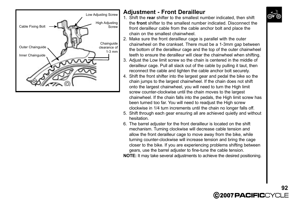 92 adjustment - front derailleur | Pacific Cycle BRIGHT LIGHT ENERGY HF3305 User Manual | Page 99 / 119