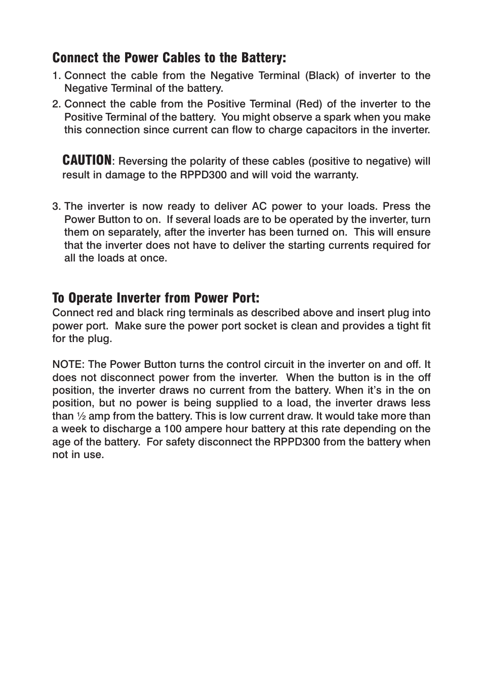 Connect the power cables to the battery, Caution | Power Drive 300 User Manual | Page 5 / 12