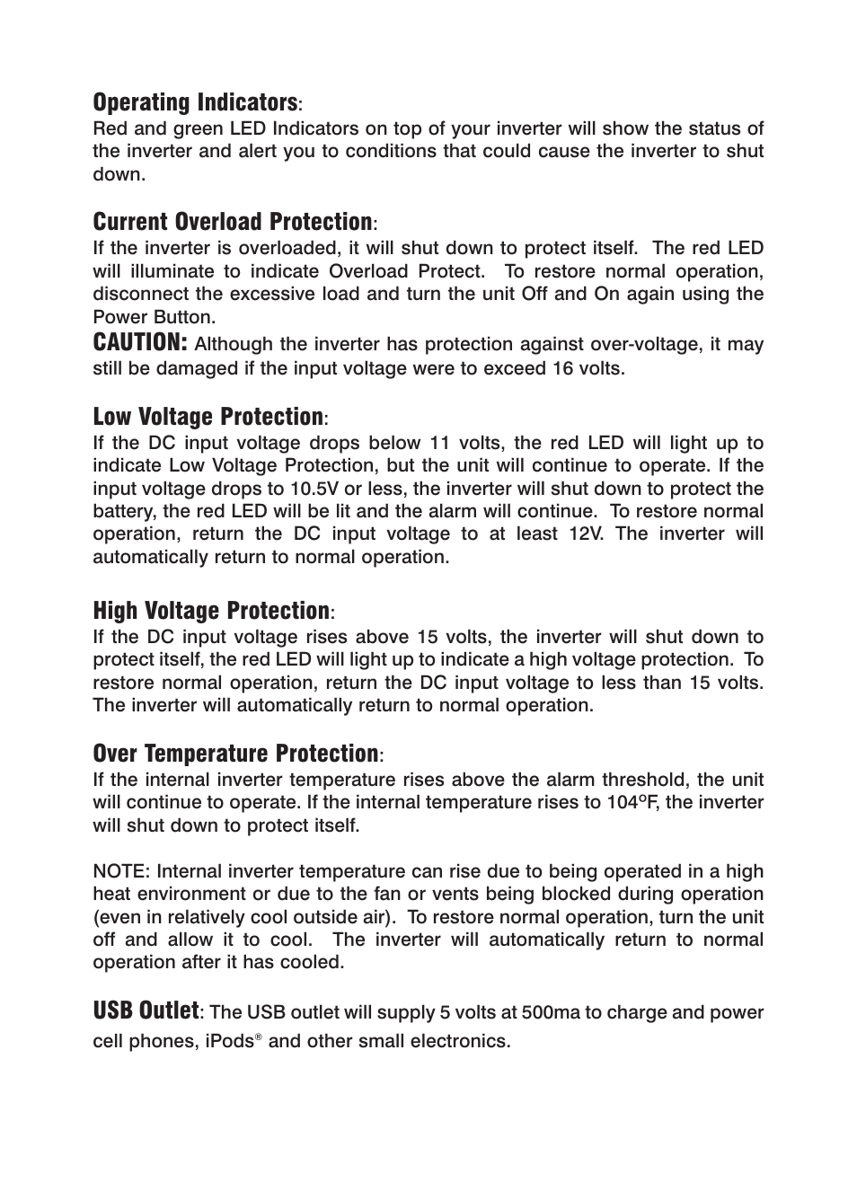 Operating indicators, Current overload protection, Caution | Low voltage protection, High voltage protection, Over temperature protection, Usb outlet | Power Drive 300 User Manual | Page 6 / 12