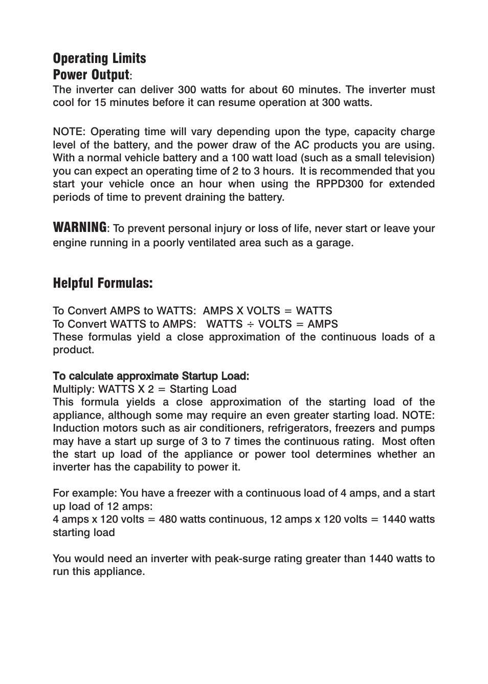 Operating limits power output, Warning, Helpful formulas | Power Drive 300 User Manual | Page 7 / 12