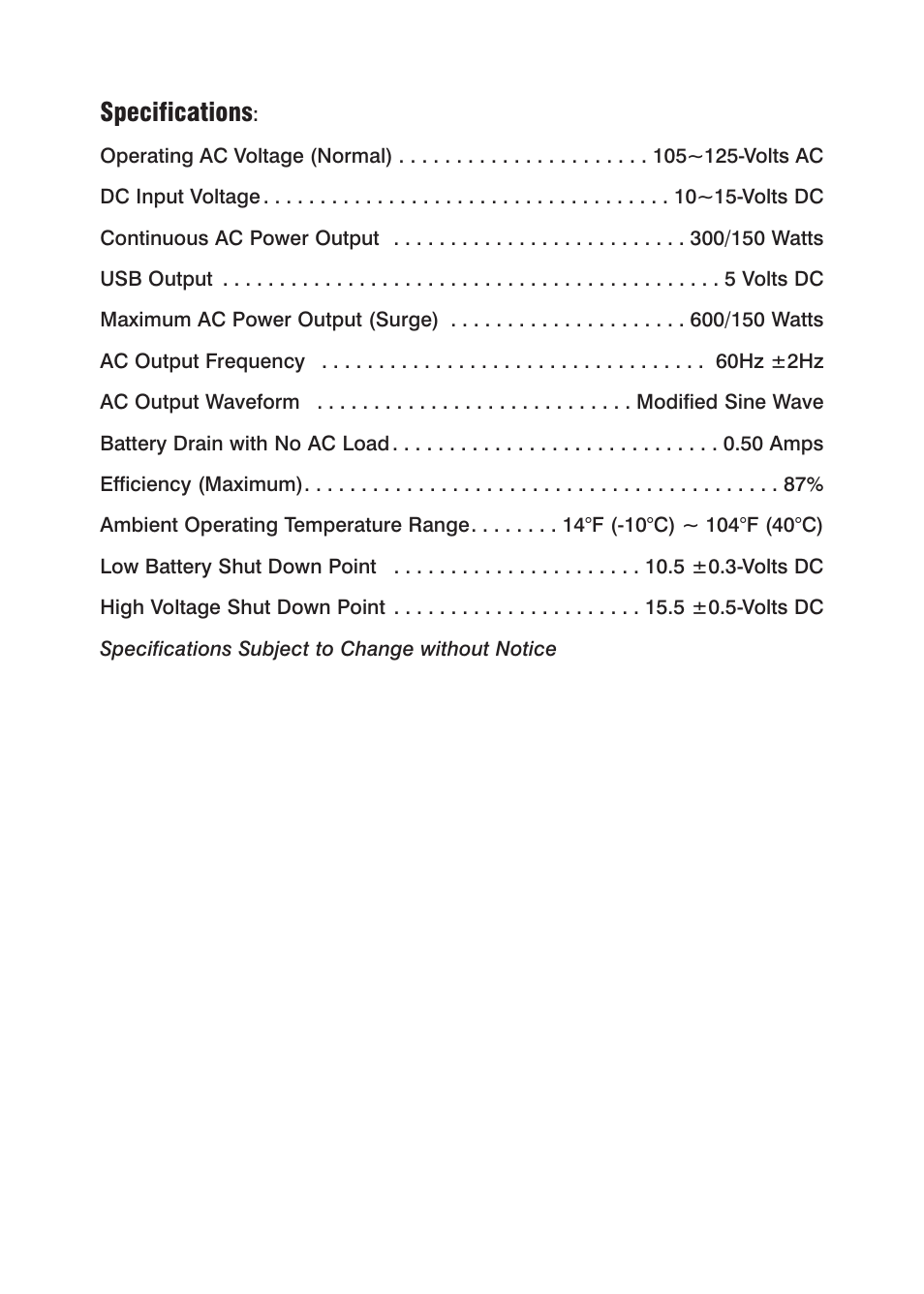 Specifications | Power Drive 300 User Manual | Page 9 / 12