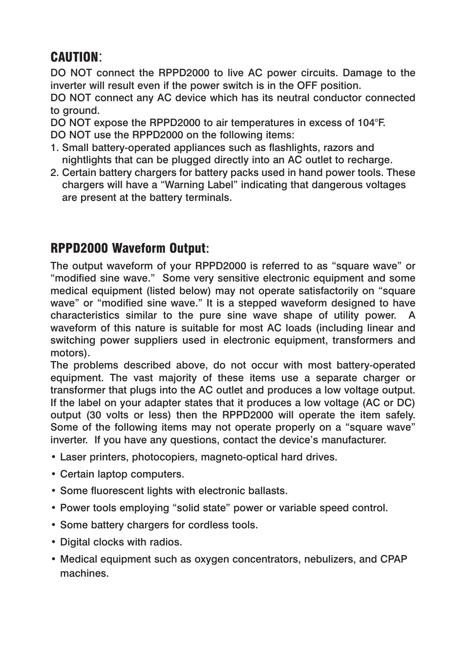Caution, Rppd2000 waveform output | Power Drive 2000 User Manual | Page 3 / 12