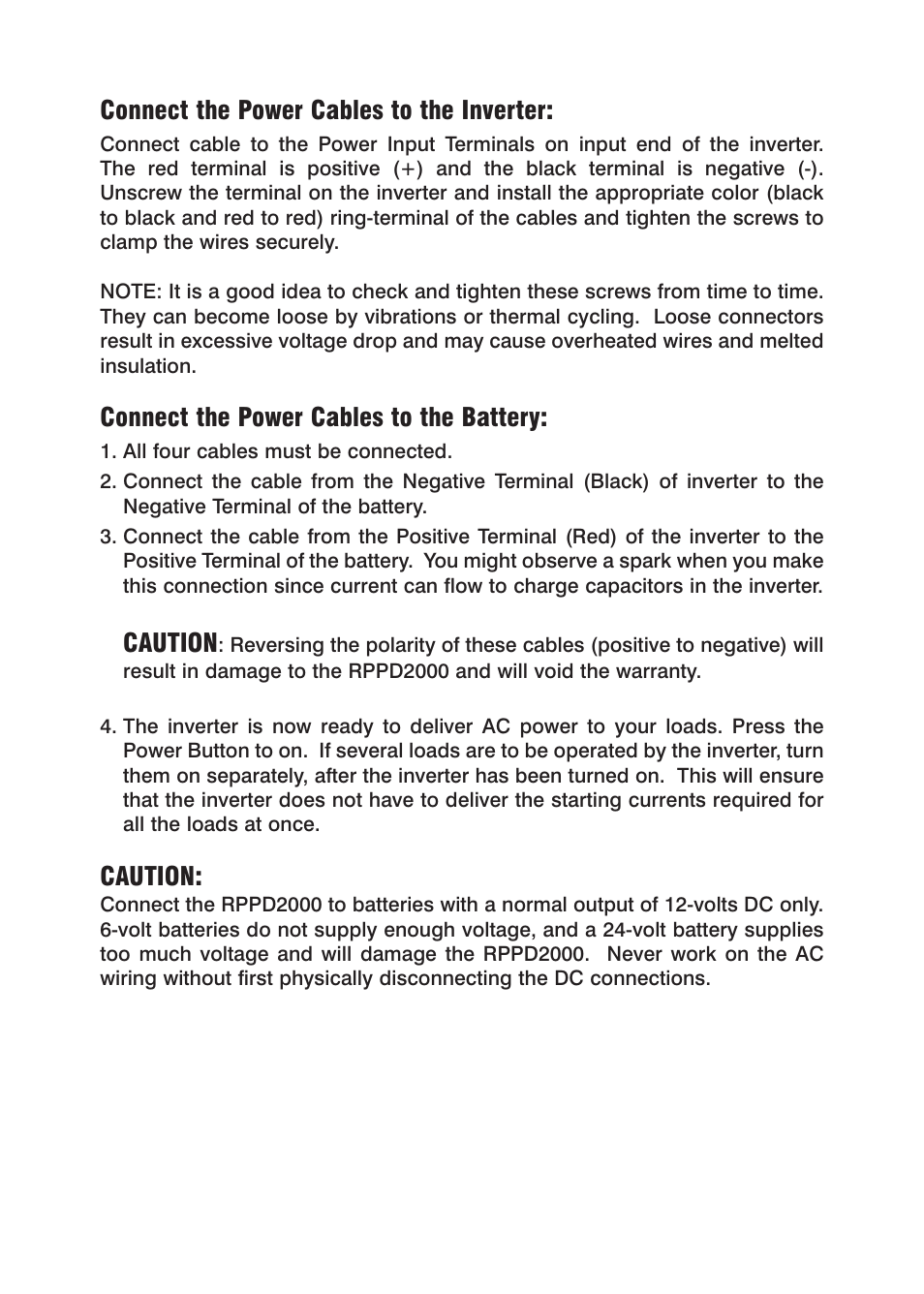 Connect the power cables to the inverter, Connect the power cables to the battery, Caution | Power Drive 2000 User Manual | Page 5 / 12