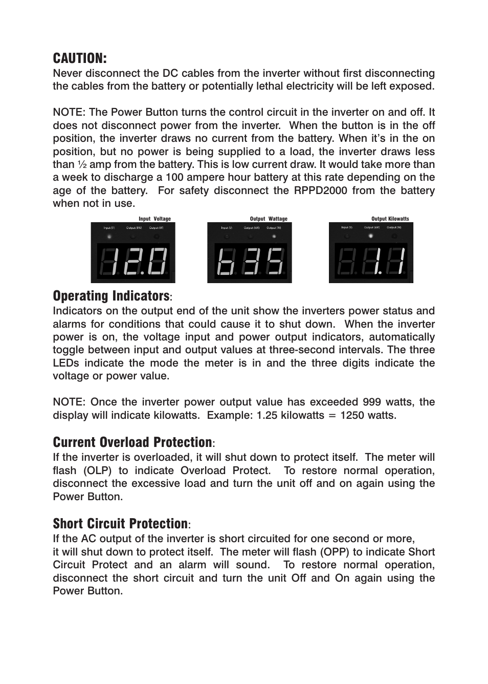 Caution, Operating indicators, Current overload protection | Short circuit protection | Power Drive 2000 User Manual | Page 6 / 12