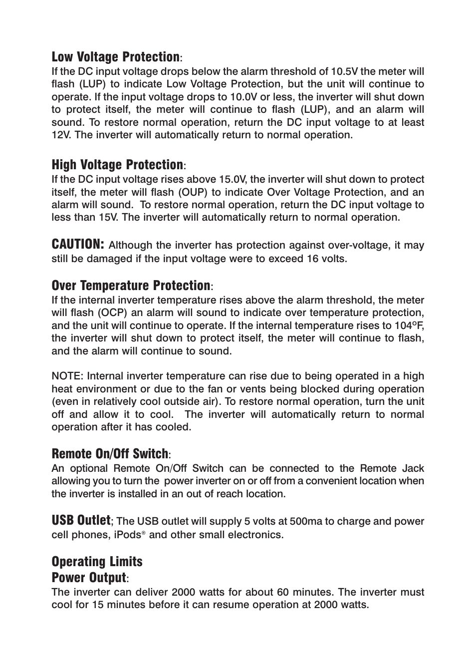 Low voltage protection, High voltage protection, Caution | Over temperature protection, Remote on/off switch, Usb outlet, Operating limits power output | Power Drive 2000 User Manual | Page 7 / 12